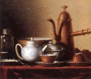 Still life of a chocolate pot,teapot,sucrier,bowl,teajar,tea cups and saucers,and silver spoons,all upon a draped table top